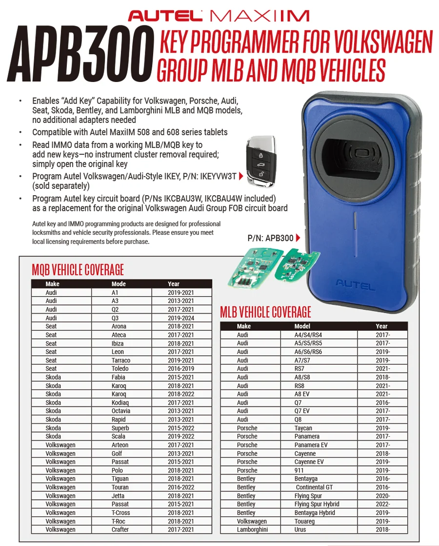 AUTEL MAXIIM APB300 Key Programmer For Volkswagen Group MLB & MQB Vehicles