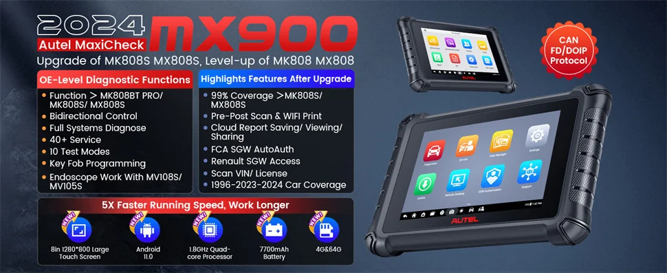 Autel MaxiCheck MX900 OBD2 All System Diagnostic Scanner, Bi-Directional Control, DoIP/CAN FD, Read/Clear Code, 40+ Service, Upgrade of MK808/MX808